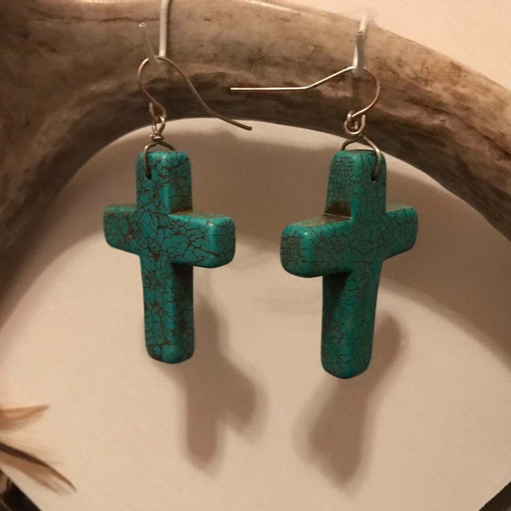 Turquoise stone cross earrings